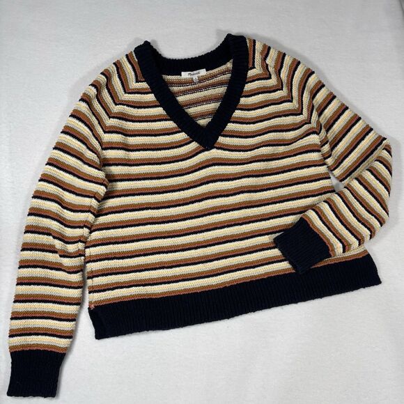 MADEWELL Arden Sweater Women’s M Striped V Neck Cropped Pullover - Picture 2 of 7